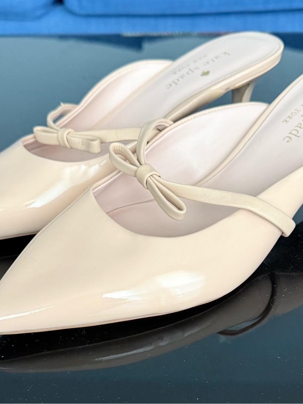 kate spade Pale Cream Patent Leather Pointed Bow Mules